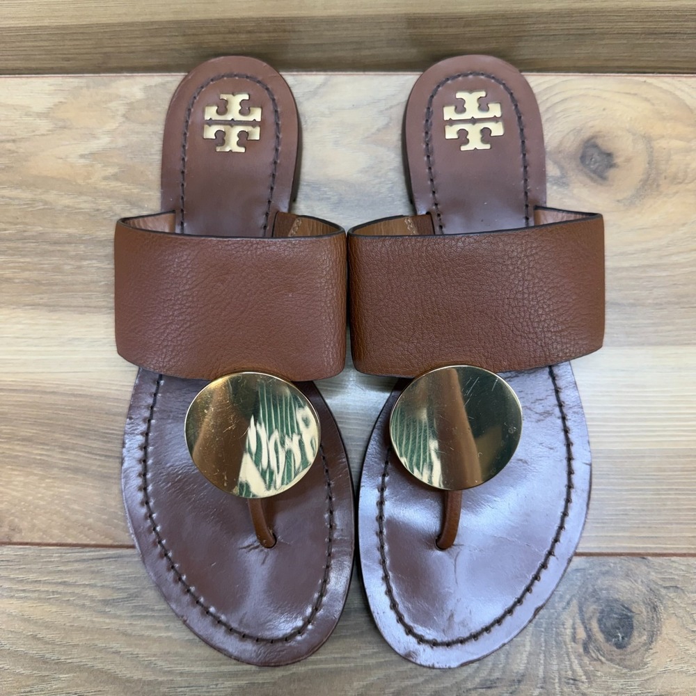 Tory Burch Patos‎ Disk Flip Flops 7 M Mou Tan Milled Calf Leather Resort Travel